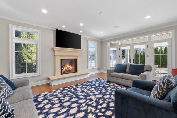 Fireplace, Interior, Living room, Recessed Lighting, Wood Texture Flooring