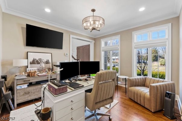 Chandelier, Home Office, Interior, Recessed Lighting, Wood Texture Flooring