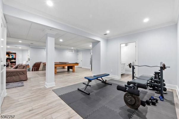 Billiard Table, Fitness Equipment, Game Room, Interior, Recessed Lighting, Wood Texture Flooring