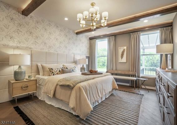 Bedroom, Chandelier, Interior, Recessed Lighting, Wooden Beams, Wood Texture Flooring