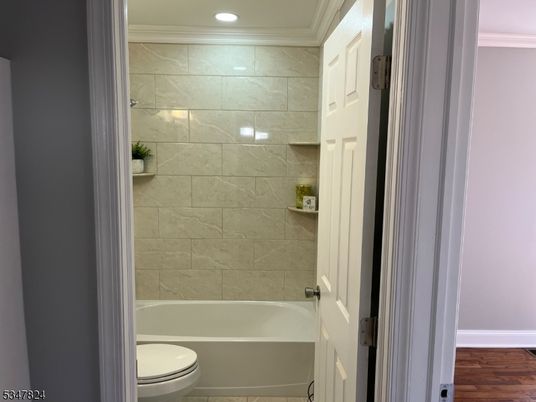 Bathroom, Interior, Marble Walls, Recessed Lighting, Wood Texture Flooring