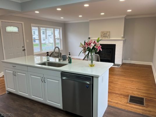 Fireplace, Interior, Kitchen, Recessed Lighting, Wood Texture Flooring
