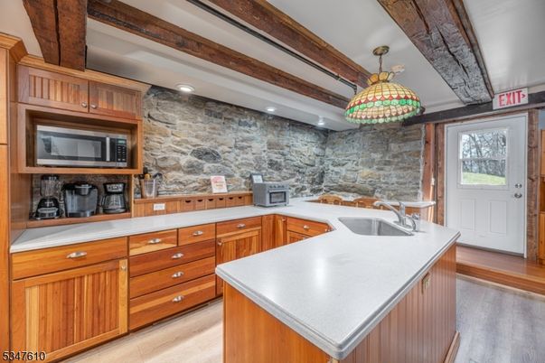 Interior, Kitchen, Pendant Lights, Recessed Lighting, Stone Walls, Wooden Beams, Wood Texture Flooring