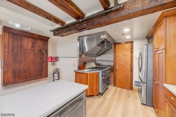 Interior, Kitchen, Recessed Lighting, Stainless Steel Appliances, Wooden Beams, Wood Texture Flooring