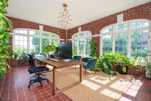 Chandelier, Home Office, Interior, Stone Walls