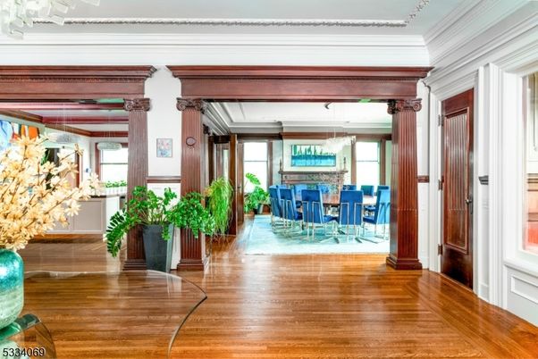 Chandelier, Dining room, Interior, Pendant Lights, Wood Texture Flooring