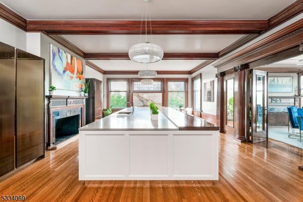 Fireplace, Interior, Kitchen, Pendant Lights, Wooden Beams, Wood Texture Flooring