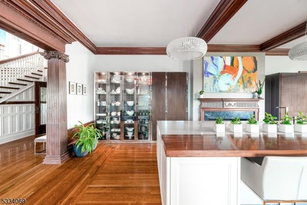 Fireplace, Interior, Pendant Lights, Wood Texture Flooring