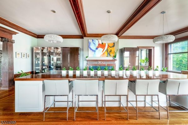 Fireplace, Interior, Kitchen, Pendant Lights, Wood Texture Flooring