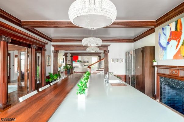 Fireplace, Interior, Pendant Lights, Wood Texture Flooring