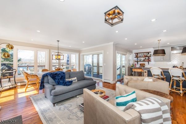 Dining room, Interior, Kitchen, Living room, Pendant Lights, Recessed Lighting, Wood Texture Flooring
