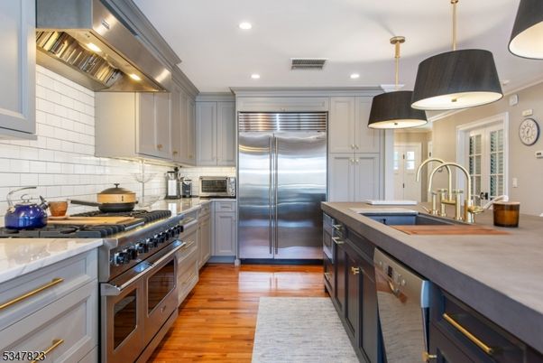 Interior, Kitchen, Pendant Lights, Recessed Lighting, Stainless Steel Appliances, Wood Texture Flooring