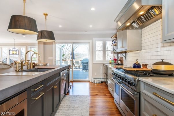 Interior, Kitchen, Pendant Lights, Recessed Lighting, Stainless Steel Appliances, Wood Texture Flooring
