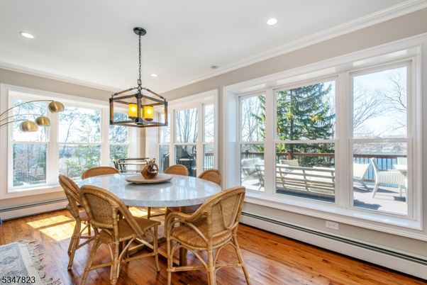Chandelier, Dining room, Interior, Pendant Lights, Recessed Lighting, Wood Texture Flooring