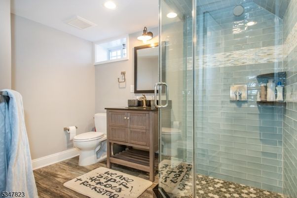 Bathroom, Glass Shower, Interior, Recessed Lighting, Wood Texture Flooring