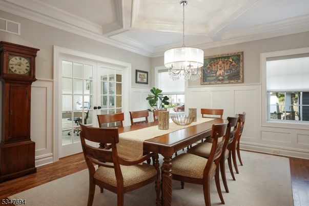 Chandelier, Dining room, Interior, Wood Texture Flooring