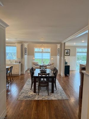 Dining room, Interior, Living room, Recessed Lighting, Wood Texture Flooring