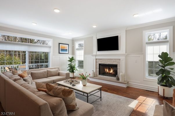 Fireplace, Interior, Living room, Recessed Lighting, Wood Texture Flooring