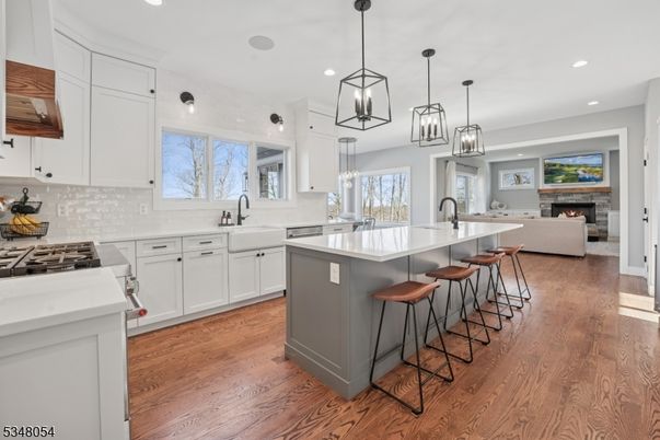Fireplace, Interior, Kitchen, Pendant Lights, Recessed Lighting, Stainless Steel Appliances, Wood Texture Flooring