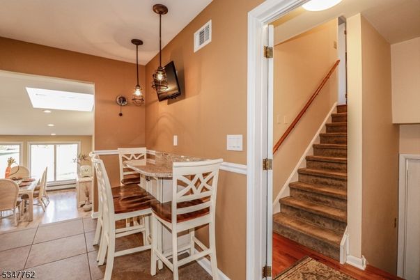 Dining room, Interior, Pendant Lights, Recessed Lighting, Wood Texture Flooring