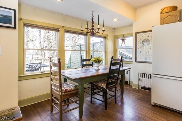 Dining room, Interior, Pendant Lights, Recessed Lighting, Wood Texture Flooring