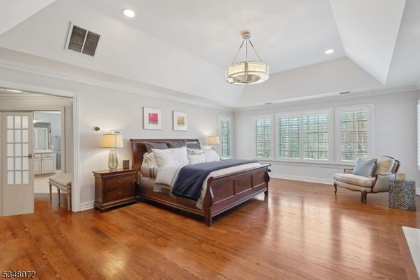 Bedroom, Interior, Pendant Lights, Recessed Lighting, Wood Texture Flooring