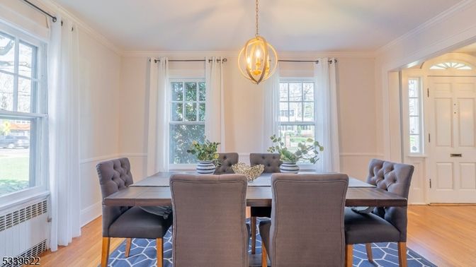 Dining room, Interior, Pendant Lights, Wood Texture Flooring