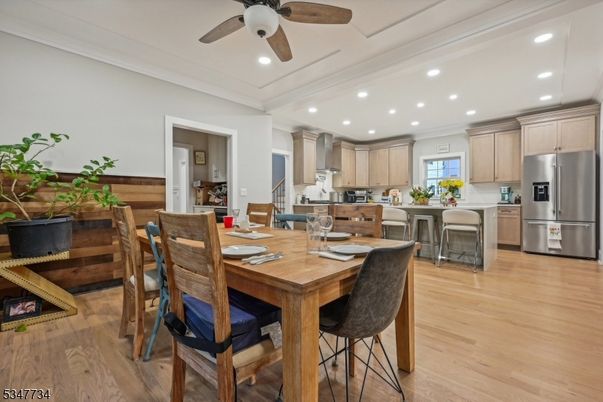 Dining room, Interior, Kitchen, Recessed Lighting, Stainless Steel Appliances, Wood Texture Flooring