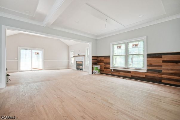 Empty room, Fireplace, Interior, Recessed Lighting, Wood Texture Flooring, Wooden Walls