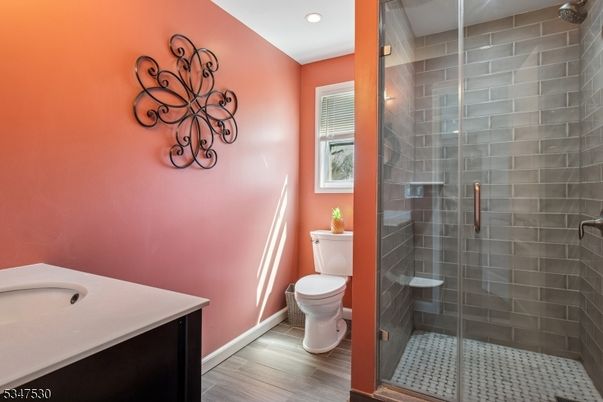 Bathroom, Glass Shower, Interior, Recessed Lighting, Wood Texture Flooring