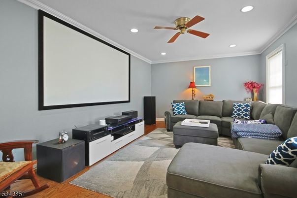 Interior, Living room, Projection Screen, Recessed Lighting, Theatre Room, Wood Texture Flooring