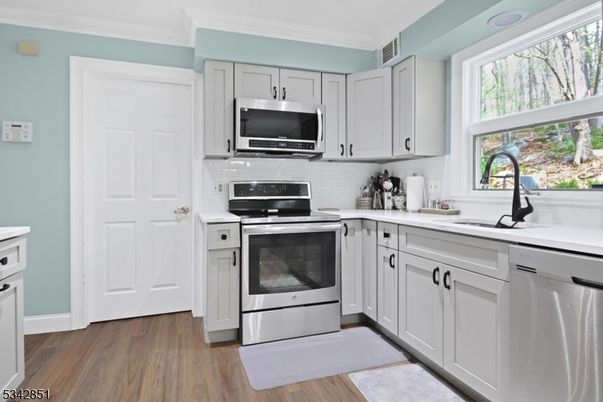 Interior, Kitchen, Recessed Lighting, Stainless Steel Appliances, Wood Texture Flooring