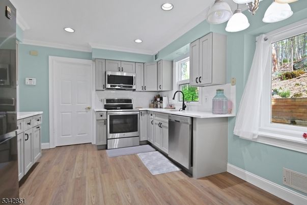 Interior, Kitchen, Pendant Lights, Recessed Lighting, Stainless Steel Appliances, Wood Texture Flooring