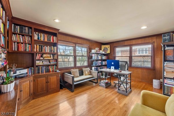 Home Office, Interior, Recessed Lighting, Wood Texture Flooring, Wooden Walls