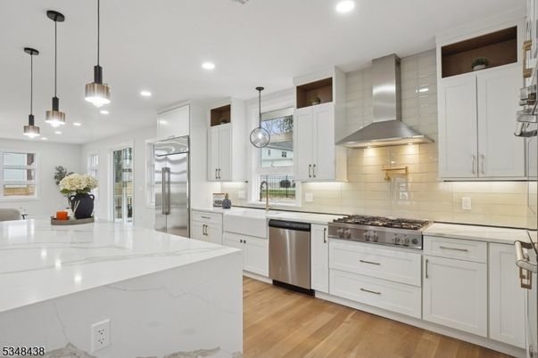 Interior, Kitchen, Pendant Lights, Recessed Lighting, Stainless Steel Appliances, Wood Texture Flooring