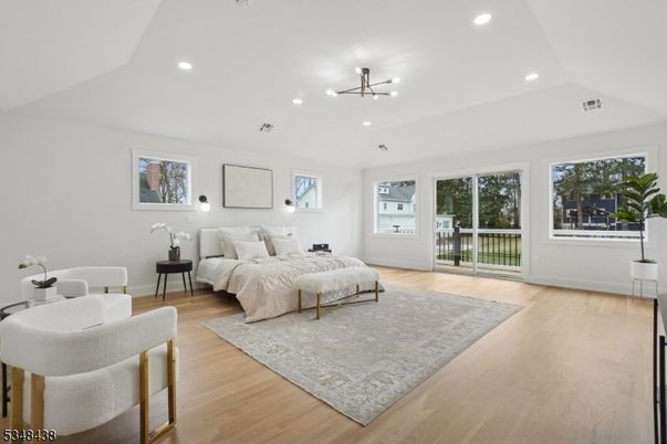 Bedroom, Interior, Pendant Lights, Recessed Lighting, Wood Texture Flooring