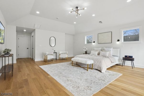 Bedroom, Interior, Pendant Lights, Recessed Lighting, Wood Texture Flooring
