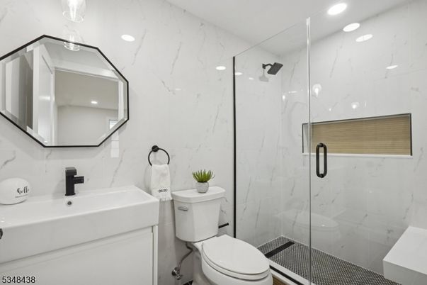 Bathroom, Glass Shower, Interior, Marble Walls, Recessed Lighting