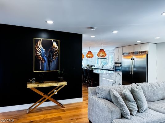 Interior, Kitchen, Living room, Pendant Lights, Recessed Lighting, Stainless Steel Appliances, Wood Texture Flooring
