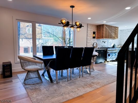 Dining room, Interior, Kitchen, Pendant Lights, Recessed Lighting, Stone Walls, Wood Texture Flooring