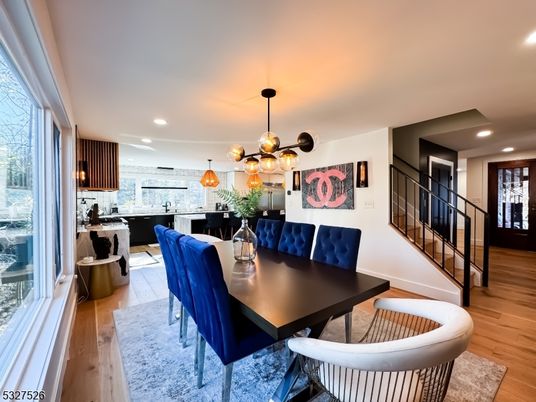 Dining room, Interior, Kitchen, Pendant Lights, Recessed Lighting, Wood Texture Flooring