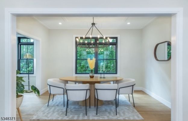 Dining room, Interior, Pendant Lights, Recessed Lighting, Wood Texture Flooring