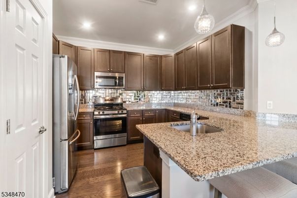 Interior, Kitchen, Pendant Lights, Recessed Lighting, Stainless Steel Appliances, Wood Texture Flooring