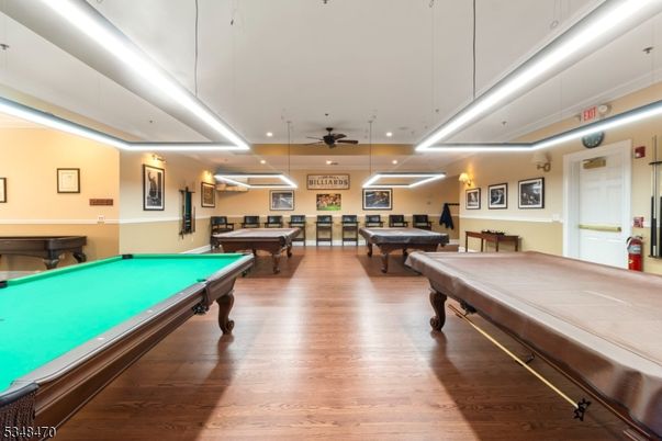 Billiard Table, Game Room, Interior, Pendant Lights, Recessed Lighting, Wood Texture Flooring