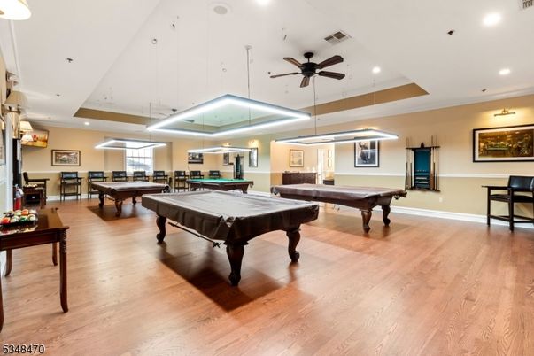 Billiard Table, Game Room, Interior, Pendant Lights, Recessed Lighting, Wood Texture Flooring