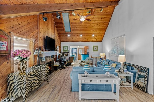Fireplace, Interior, Living room, Recessed Lighting, Wooden Beams, Wooden Ceilings, Wood Texture Flooring