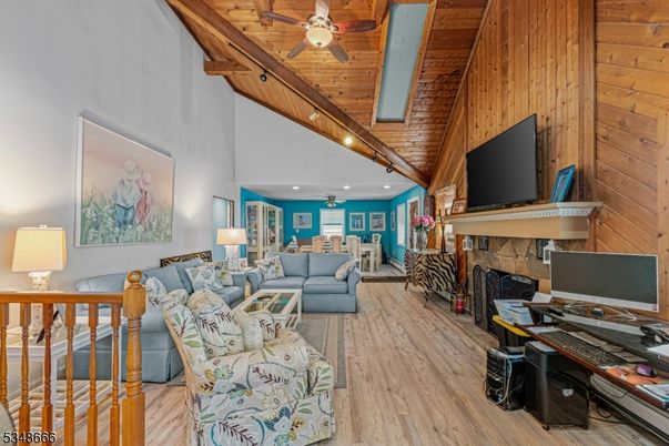 Fireplace, Interior, Living room, Recessed Lighting, Wooden Beams, Wooden Ceilings, Wood Texture Flooring, Wooden Walls