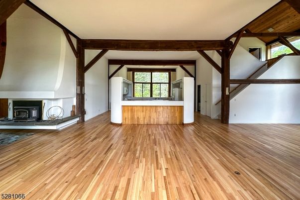 Empty room, Fireplace, Interior, Wooden Beams, Wood Texture Flooring