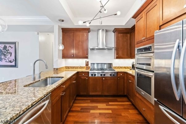 Interior, Kitchen, Pendant Lights, Stainless Steel Appliances, Wood Texture Flooring