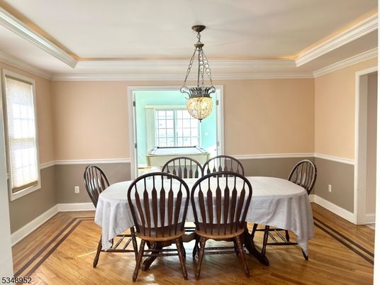 Dining room, Interior, Pendant Lights, Wood Texture Flooring